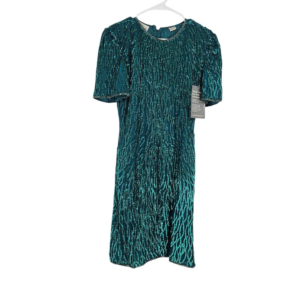 Lawrence Kazar Sequin Beaded Dress Emerald Green Silk Cocktail Party NWT Size S